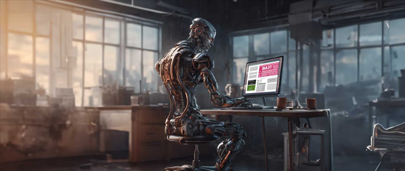 Een robot die AI-marketing doet achter een laptop die een website toont